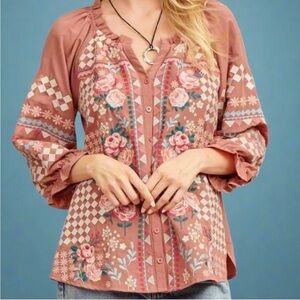 Savanna Jane Embroidered Floral Balloon Sleeve Button Down Top Medium Boho Pink